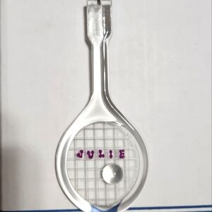 Clear Tennis Racket Keychain with Purple Letters Spelling JULIE